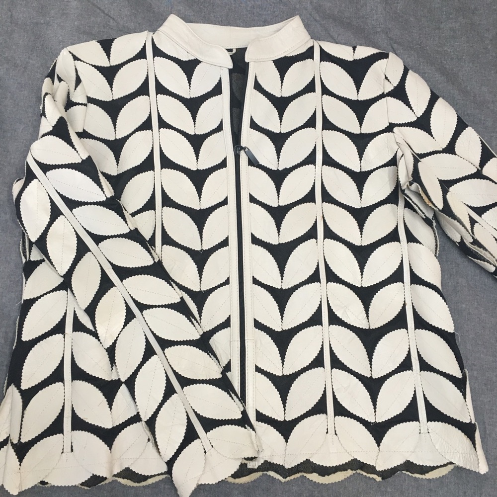 Unique Cream Leather and Black Mesh Jacket